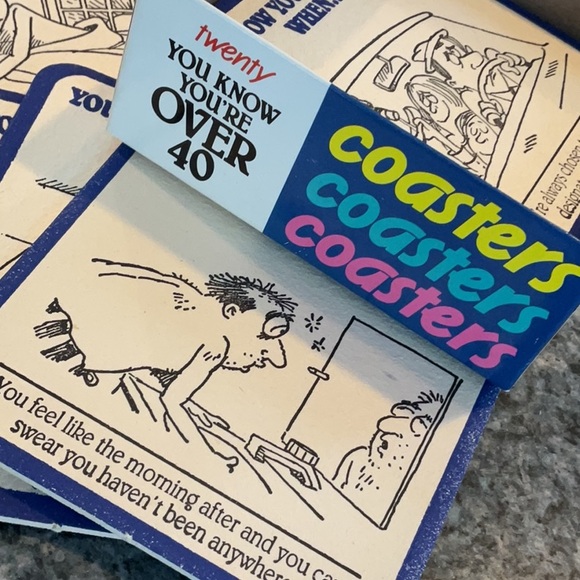 Vintage “Over Forty” box of beverage coasters from 1989. Never used. - Picture 1 of 9